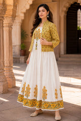 Women's Hand Block Print Mal Cotton Flared Kurti with Separate Jacket | Cotton Lining | Ethnic Summer Wear | Erisha