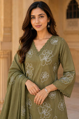 Olive Green Pure Cotton Floral Embroidered Kurta Pant Dupatta Set for Women | V-Neck Straight Fit Ethnic Suit | Summer Wear by Erisha