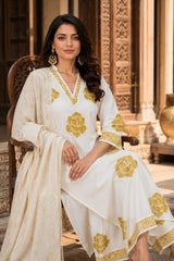 Pure Cotton Hand Block Printed White Kurta Set with Dupatta for Women | Floral printed & Sequin Work | Premium Ethnic Wear