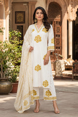 Pure Cotton Hand Block Printed White Kurta Set with Dupatta for Women | Floral printed & Sequin Work | Premium Ethnic Wear