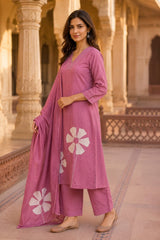 Women's Pink Cotton Kurta Set with Dupatta | Floral Embroidery Ethnic Wear | Premium Cotton 3-Piece Suit | Erisha
