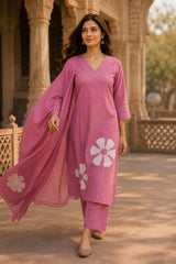 Women's Pink Cotton Kurta Set with Dupatta | Floral Embroidery Ethnic Wear | Premium Cotton 3-Piece Suit | Erisha