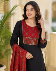 Black Cotton Kurta Pant Set with Rust Printed Dupatta for Women | Straight Fit Ethnic Suit Set | Festive & Office Wear