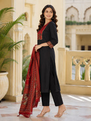 Black Cotton Kurta Pant Set with Rust Printed Dupatta for Women | Straight Fit Ethnic Suit Set | Festive & Office Wear