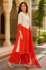 Women's Pure Cotton Orange Ombre Kurta Pant Dupatta Set with Hand Work | Ethnic 3 Piece Suit Set | Festive & Casual Wear