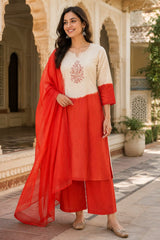 Women's Pure Cotton Orange Ombre Kurta Pant Dupatta Set with Hand Work | Ethnic 3 Piece Suit Set | Festive & Casual Wear