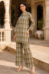 Women's Olive Green Printed Co-Ord Set | Shirt Style 32 Inch Top & Straight Pants | Premium Cotton Casual fusion Wear