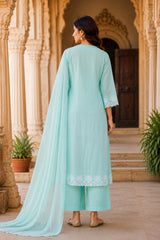 Sky Blue Embroidered Cotton Kurta pant Set with Dupatta for Women | Premium Ethnic Suit Set | Festive, Party & Office Wear |