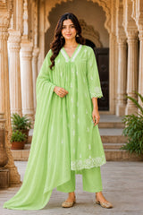 Lime Green Embroidered Cotton Kurta pant Set with Dupatta for Women | Elegant Ethnic Suit Set | Festive, Office & Casual Wear
