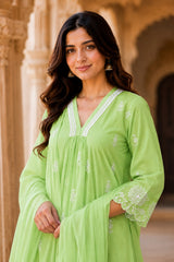 Lime Green Embroidered Cotton Kurta pant Set with Dupatta for Women | Elegant Ethnic Suit Set | Festive, Office & Casual Wear