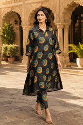 Women's Premium Cotton slub Printed Co-Ord Set | Designer Shirt Style Kurta & Straight Pants | Soft Breathable Fabric | Erisha