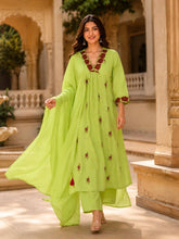 Erisha Lime Green Pure Cotton Embroidered Kurta pant sets with dupatta