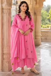 Erisha Gulabi Noor Pure Cotton Embroidered Kurta Pant Dupatta Set for Women