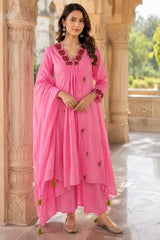 Erisha Gulabi Noor Pure Cotton Embroidered Kurta Pant Dupatta Set for Women