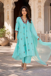 Erisha Aqua Blue Pure Cotton Floral Embroidered Kurta Pant Dupatta Set for Women
