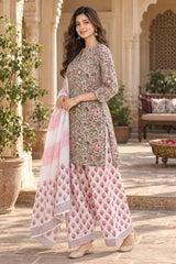ERISHA Sage Green Floral Printed Farshi Salwar Suit Set with Dupatta