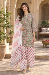 ERISHA Mehreen Floral Printed Farshi Salwar Suit Set with Dupatta – Sage Green & Pink