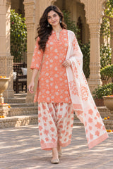ERISHA Coral Orange Floral Printed Farshi Salwar Suit Set with Dupatta