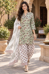 ERISHA Aarvi Sage Green Floral Printed Farshi Salwar Suit Set with Dupatta