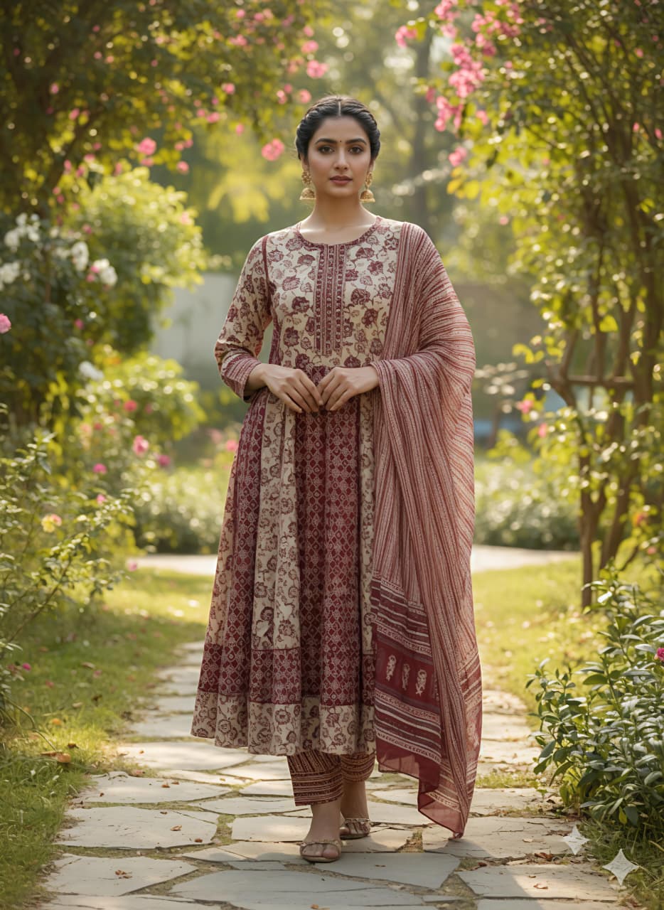 Womens pure cotton Flared Kurta pant duptta set