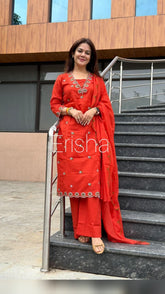 Erisha Women's Orange Embroidered cotton kurta Pant Set with Dupatta| Ethnic wear for women