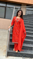 Erisha Women's Orange Embroidered cotton kurta Pant Set with Dupatta| Ethnic wear for women