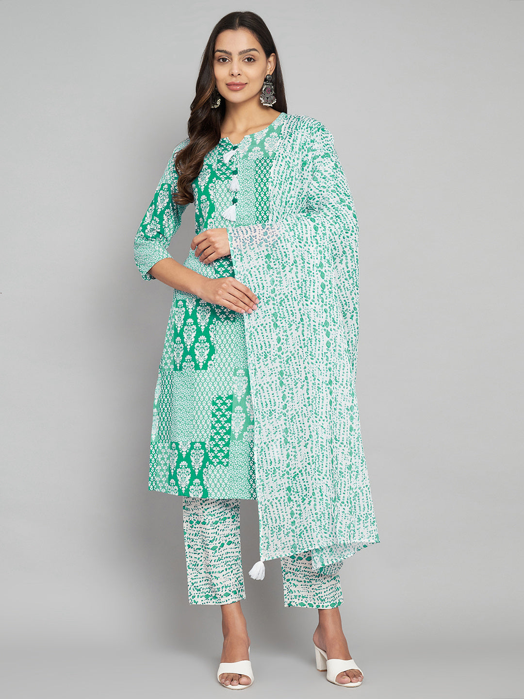 Womens pure cotton floral print kurta pant dupatta set