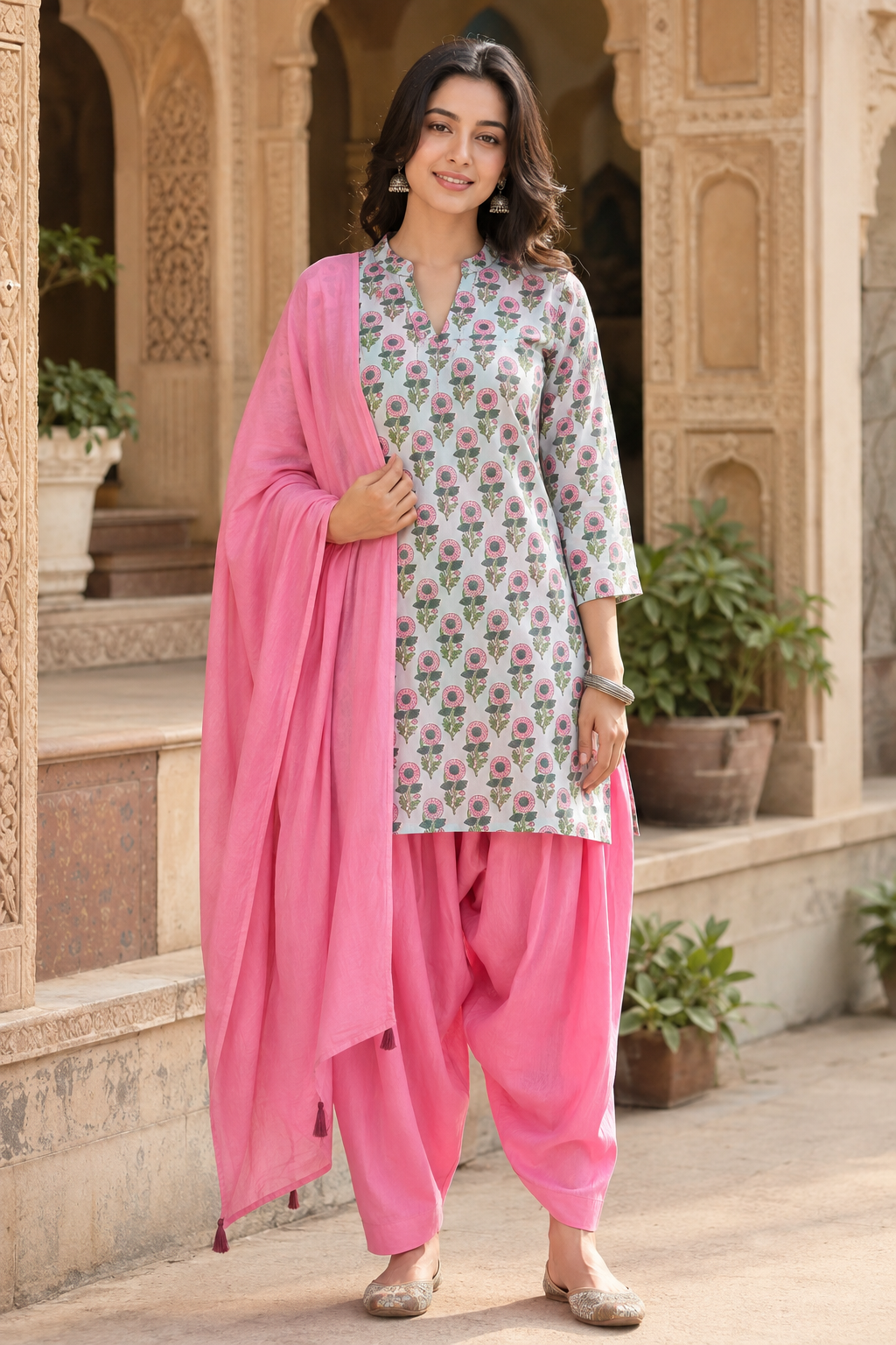 Erisha Hand Block Printed Cotton Farshi Salwar Set- Pink 3piece set