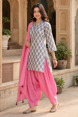 Erisha Hand Block Printed Cotton Farshi Salwar Set- Pink 3piece set