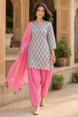 Erisha Hand Block Printed Cotton Farshi Salwar Set- Pink 3piece set