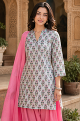 Erisha Hand Block Printed Cotton Farshi Salwar Set- Pink 3piece set