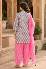 Erisha Hand Block Printed Cotton Farshi Salwar Set- Pink 3piece set