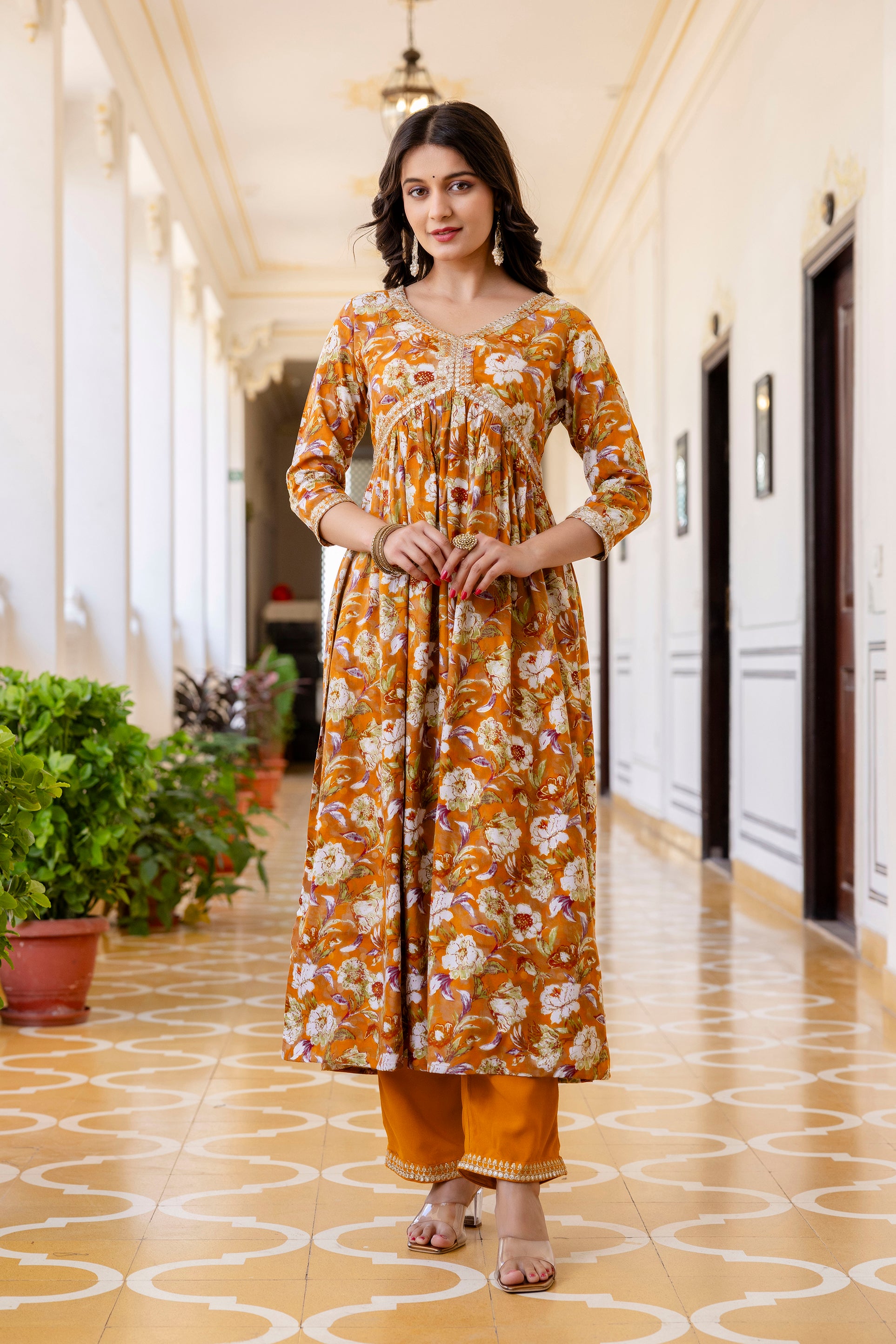 Womens Rayon foil Aliya cut embroidered kurta pant dupatta set
