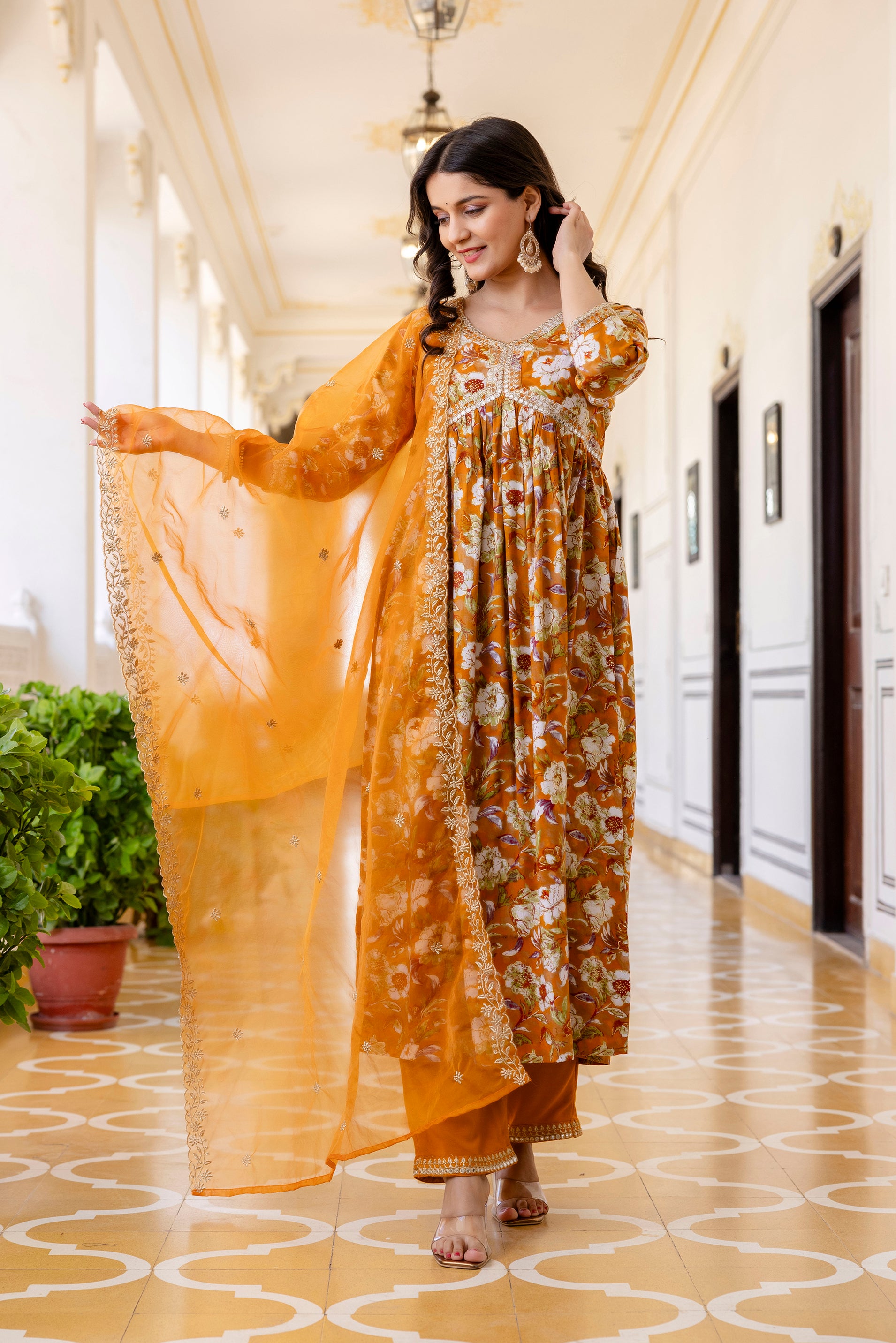 Womens Rayon foil Aliya cut embroidered kurta pant dupatta set