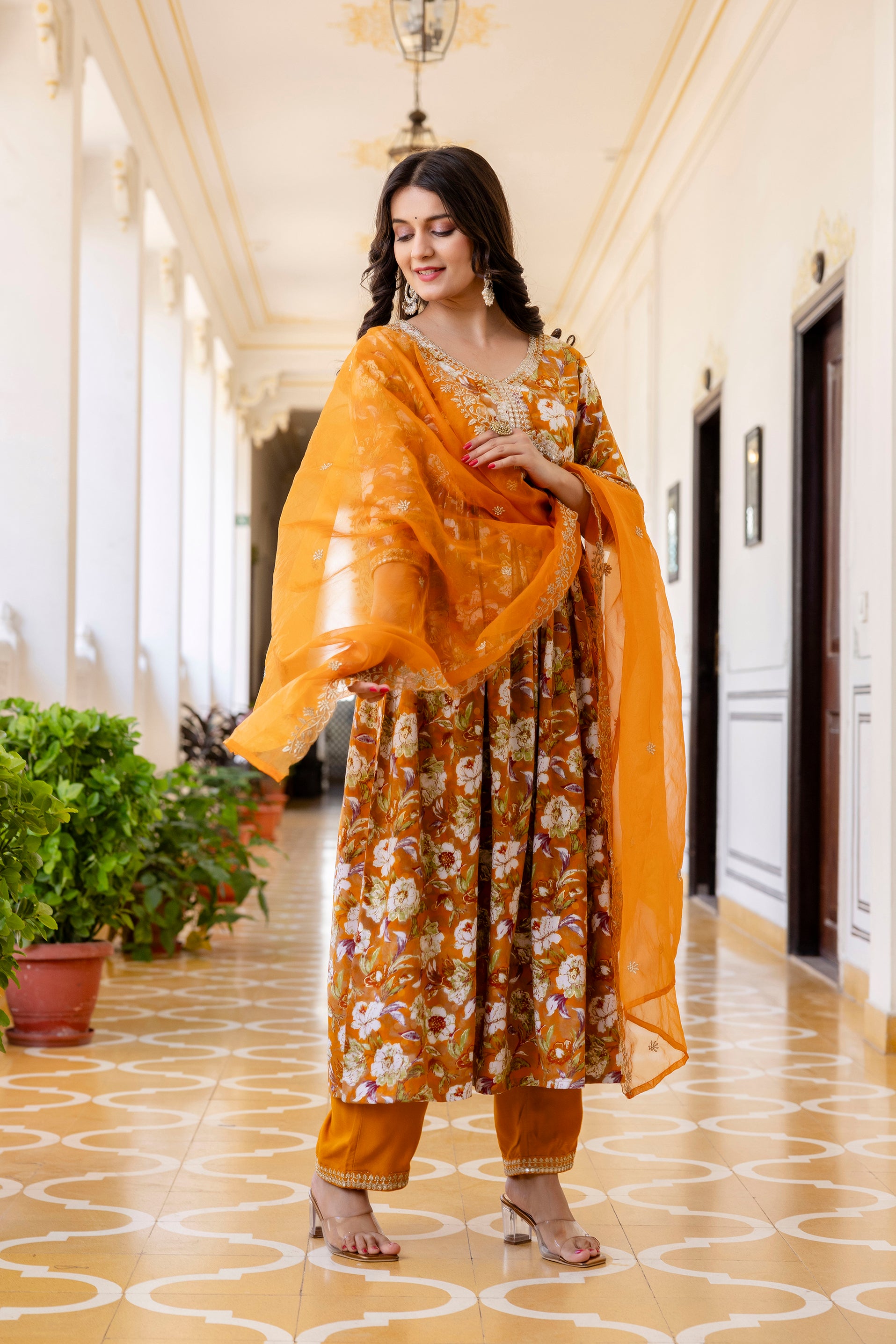 Womens Rayon foil Aliya cut embroidered kurta pant dupatta set