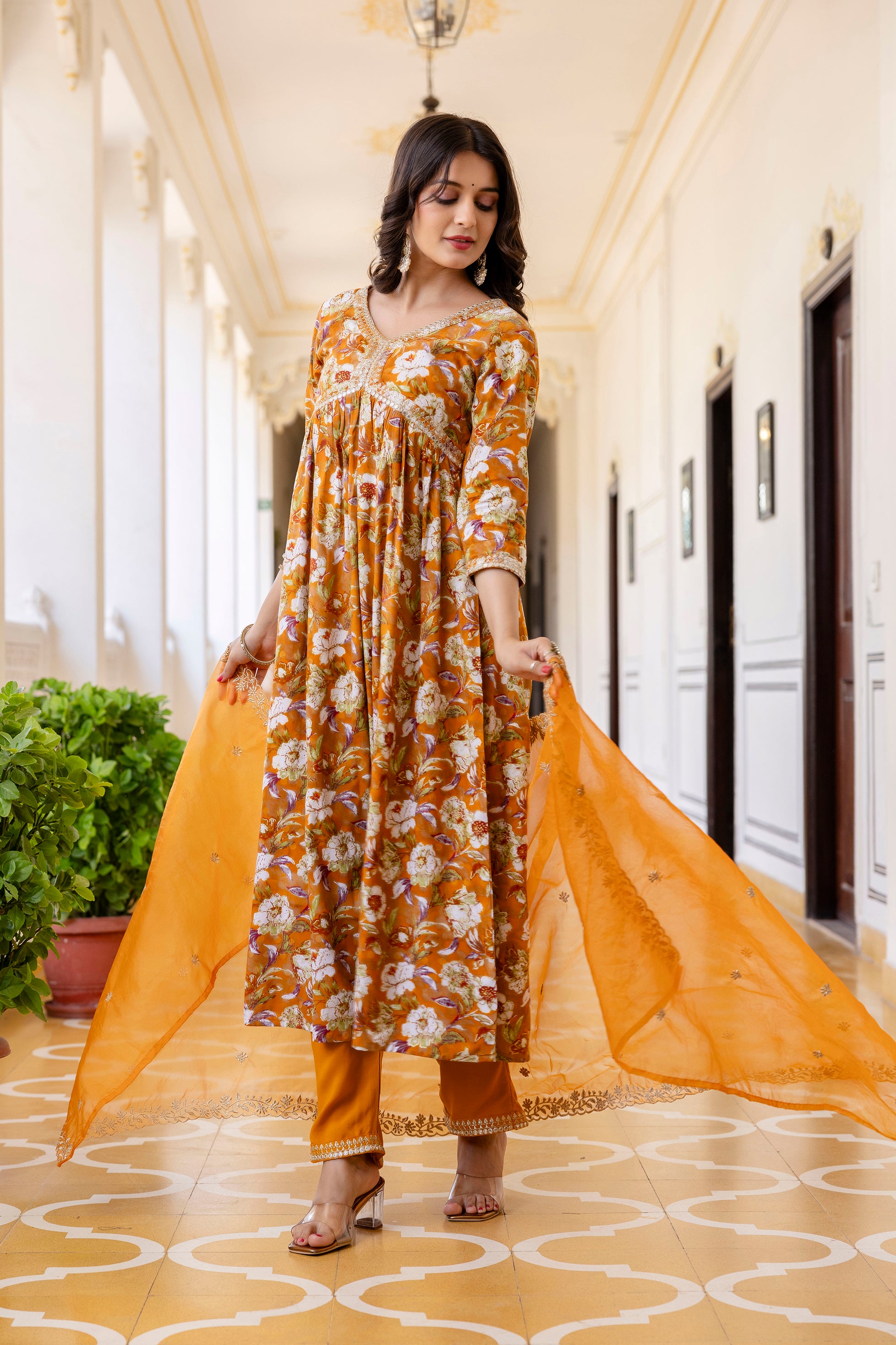 Womens Rayon foil Aliya cut embroidered kurta pant dupatta set