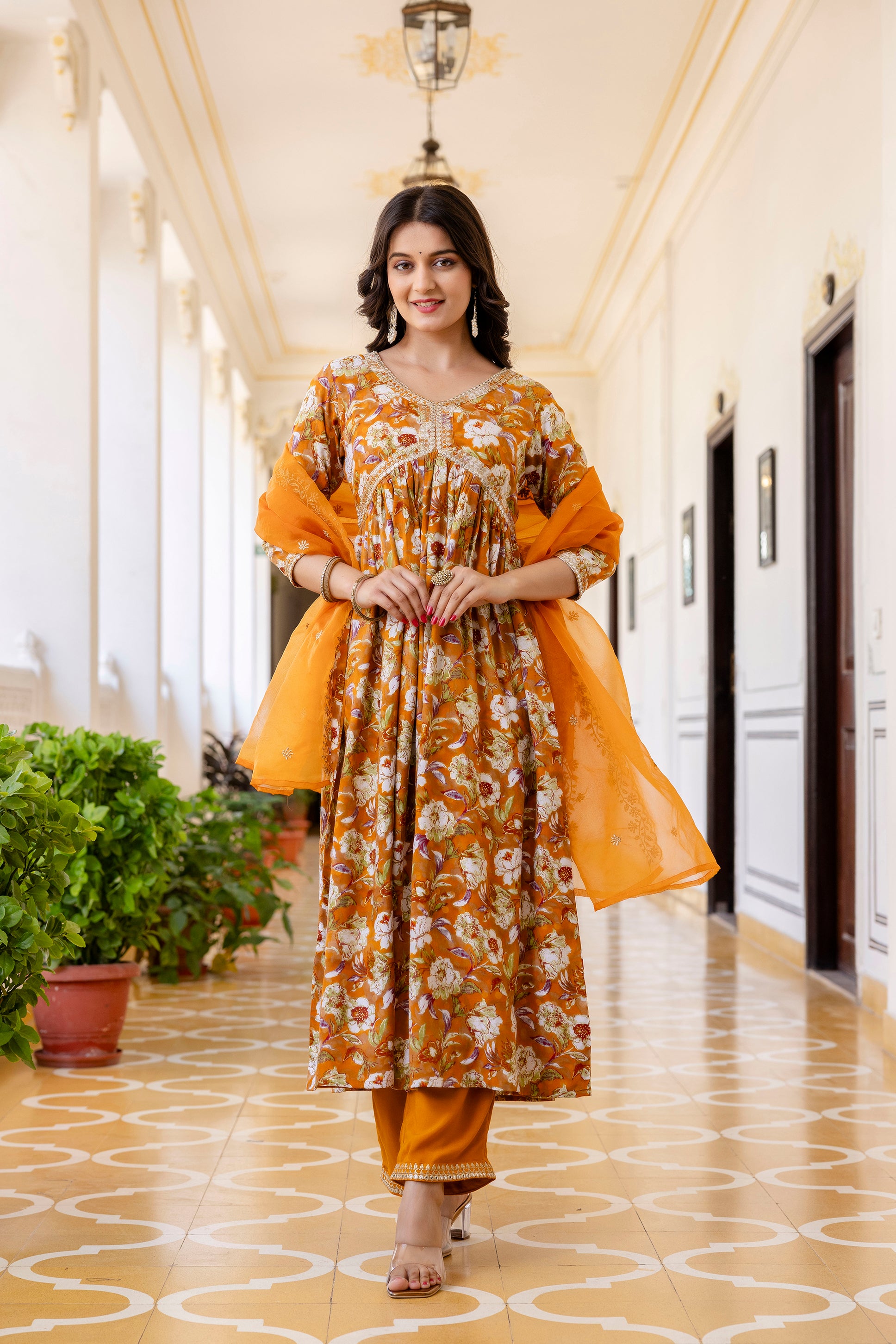 Womens Rayon foil Aliya cut embroidered kurta pant dupatta set