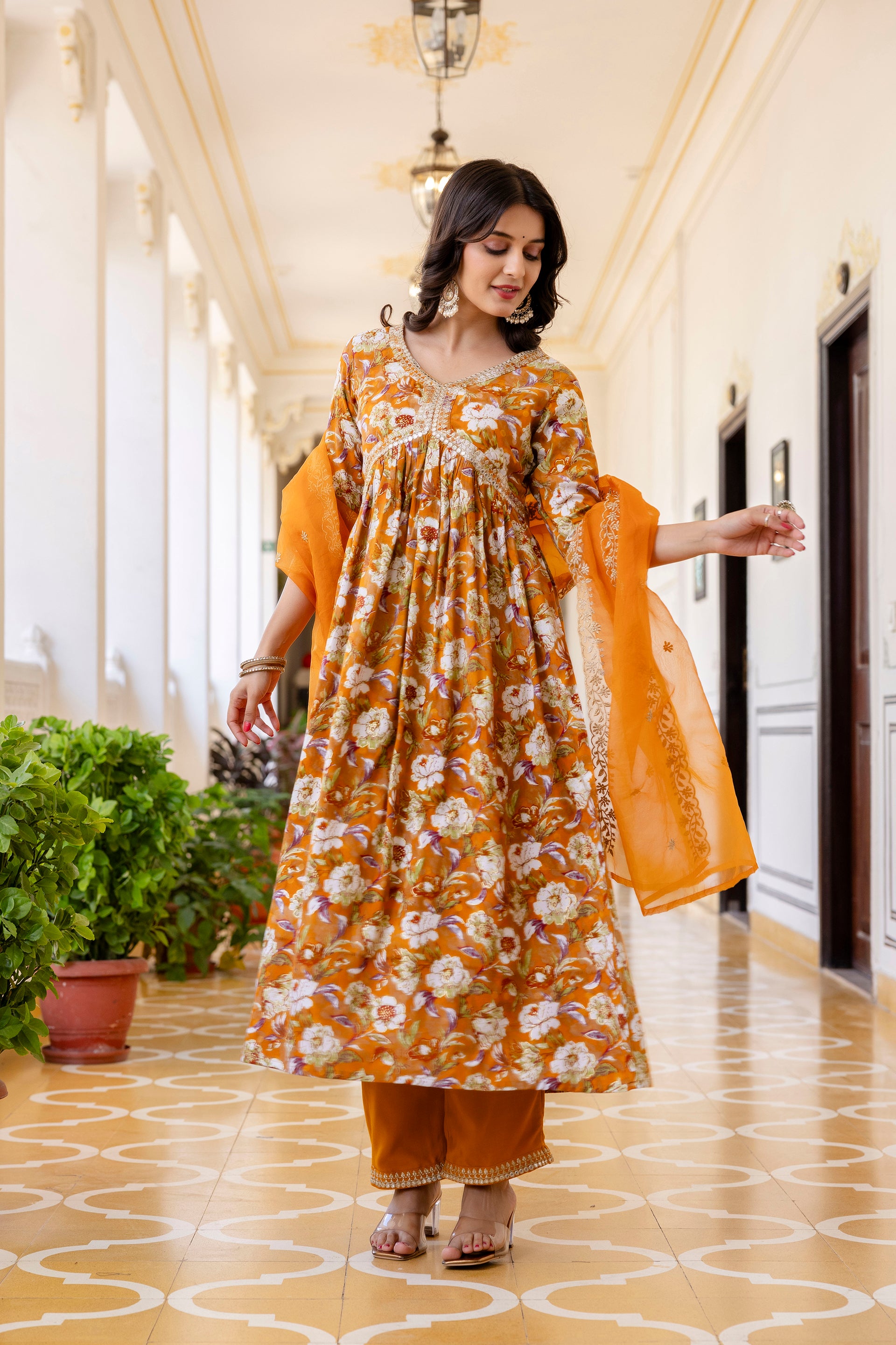 Womens Rayon foil Aliya cut embroidered kurta pant dupatta set