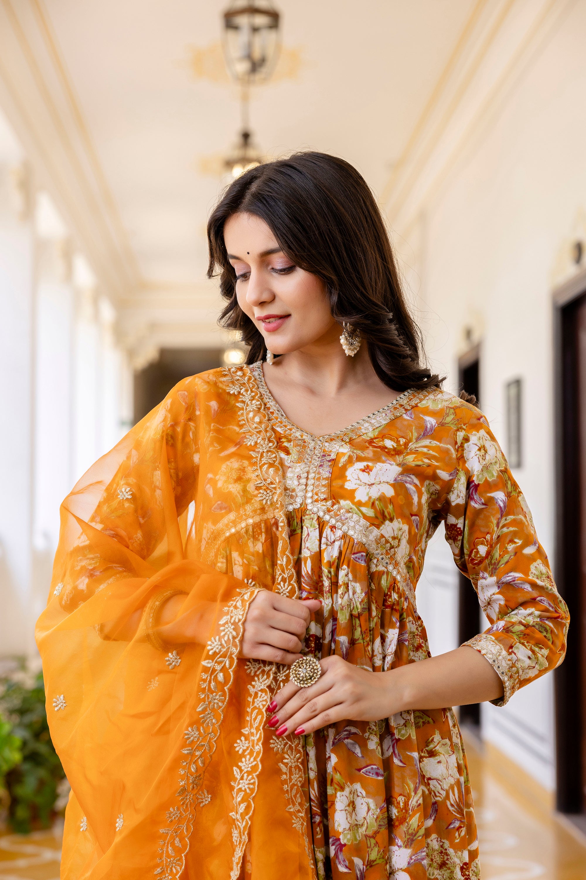 Womens Rayon foil Aliya cut embroidered kurta pant dupatta set