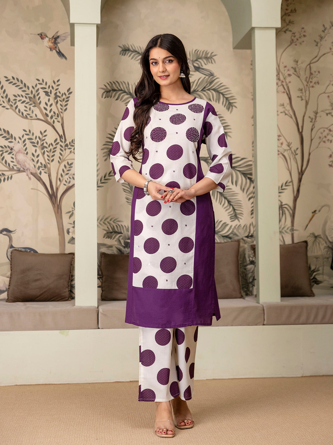 Womens Pure cotton Polka Print Kurta pant dupatta set