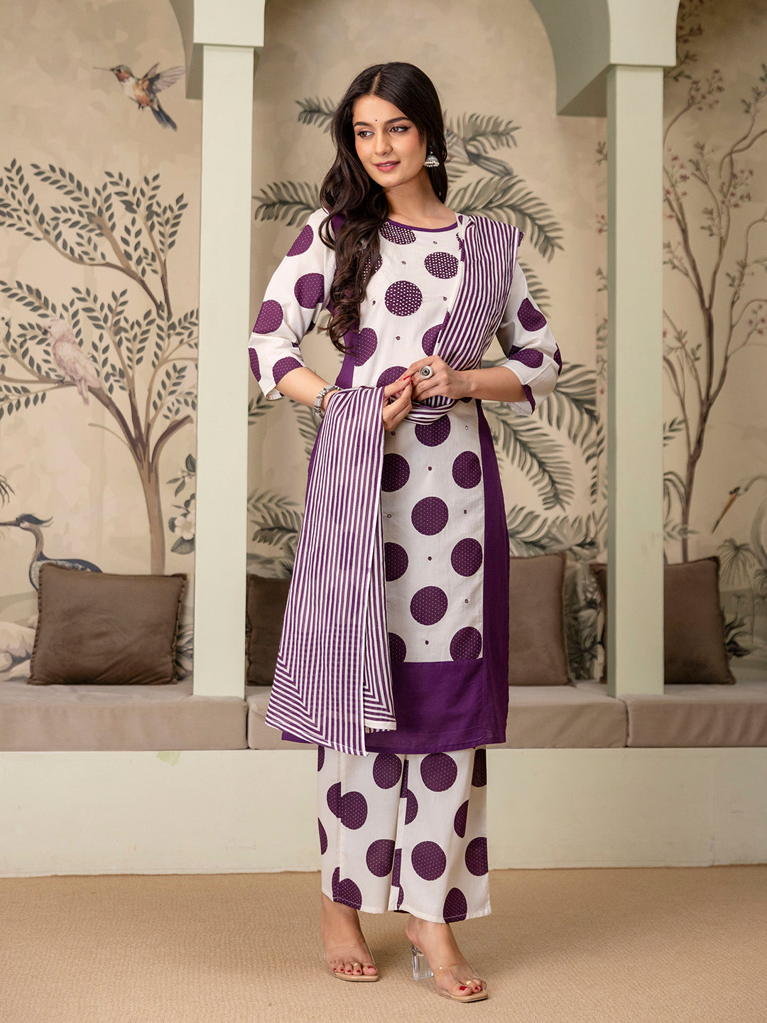 Womens Pure cotton Polka Print Kurta pant dupatta set
