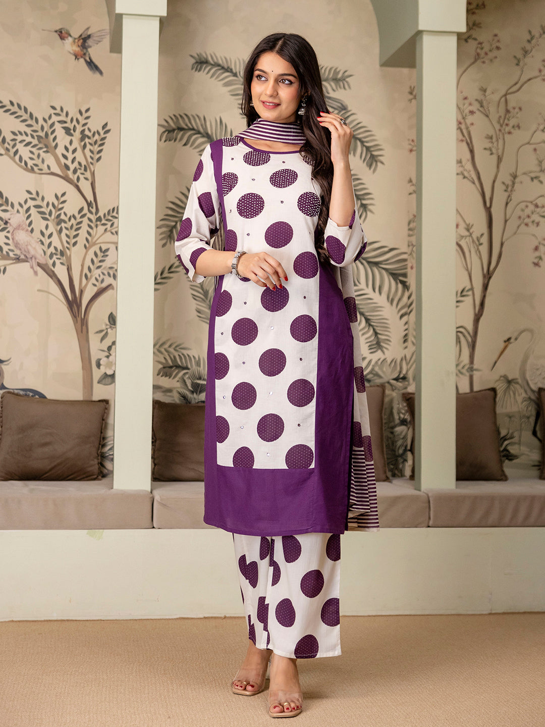 Womens Pure cotton Polka Print Kurta pant dupatta set