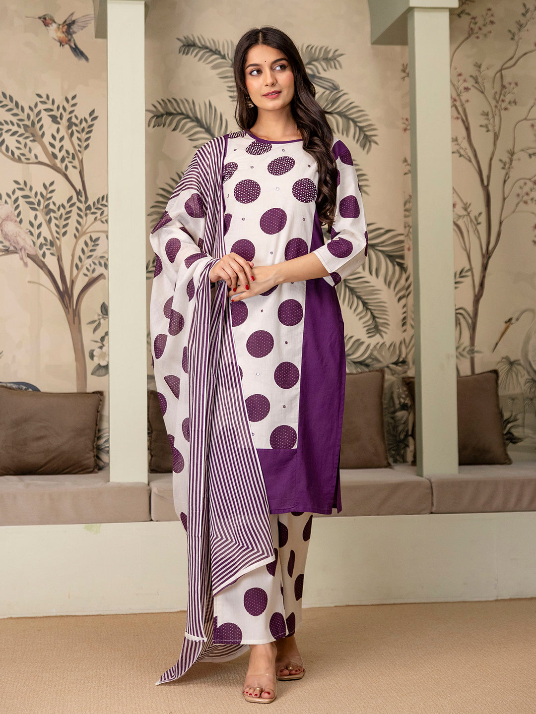 Womens Pure cotton Polka Print Kurta pant dupatta set