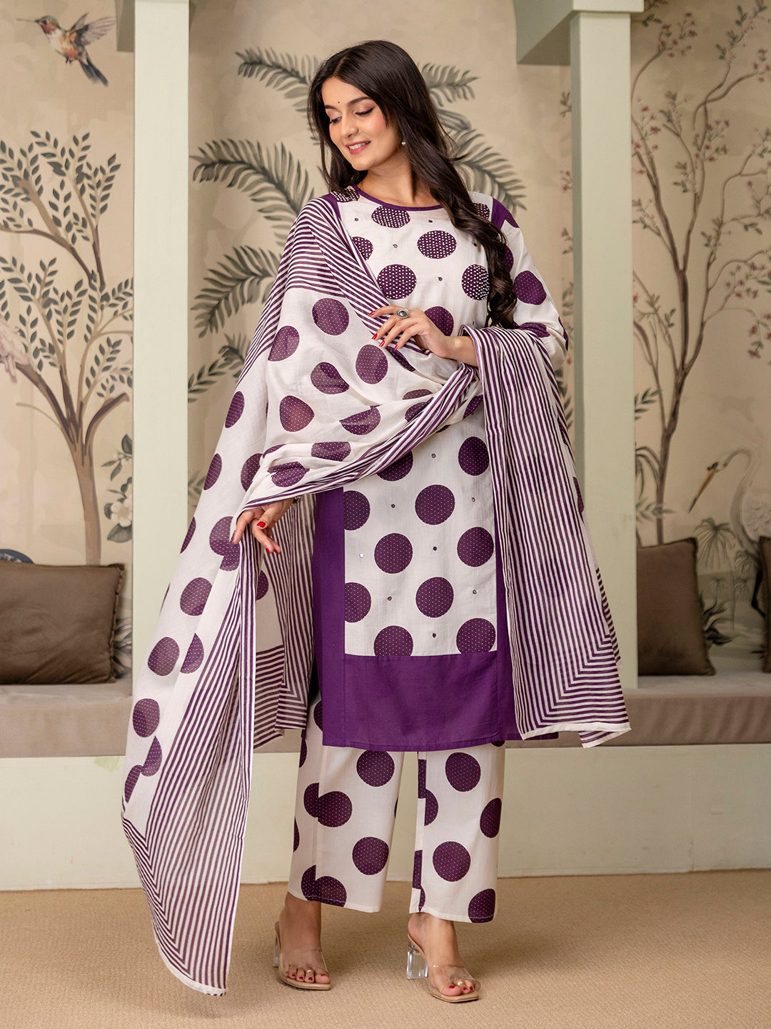 Womens Pure cotton Polka Print Kurta pant dupatta set