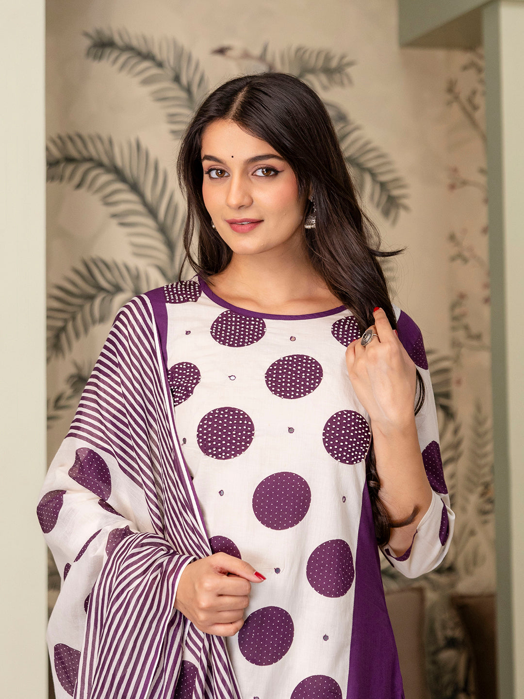 Womens Pure cotton Polka Print Kurta pant dupatta set
