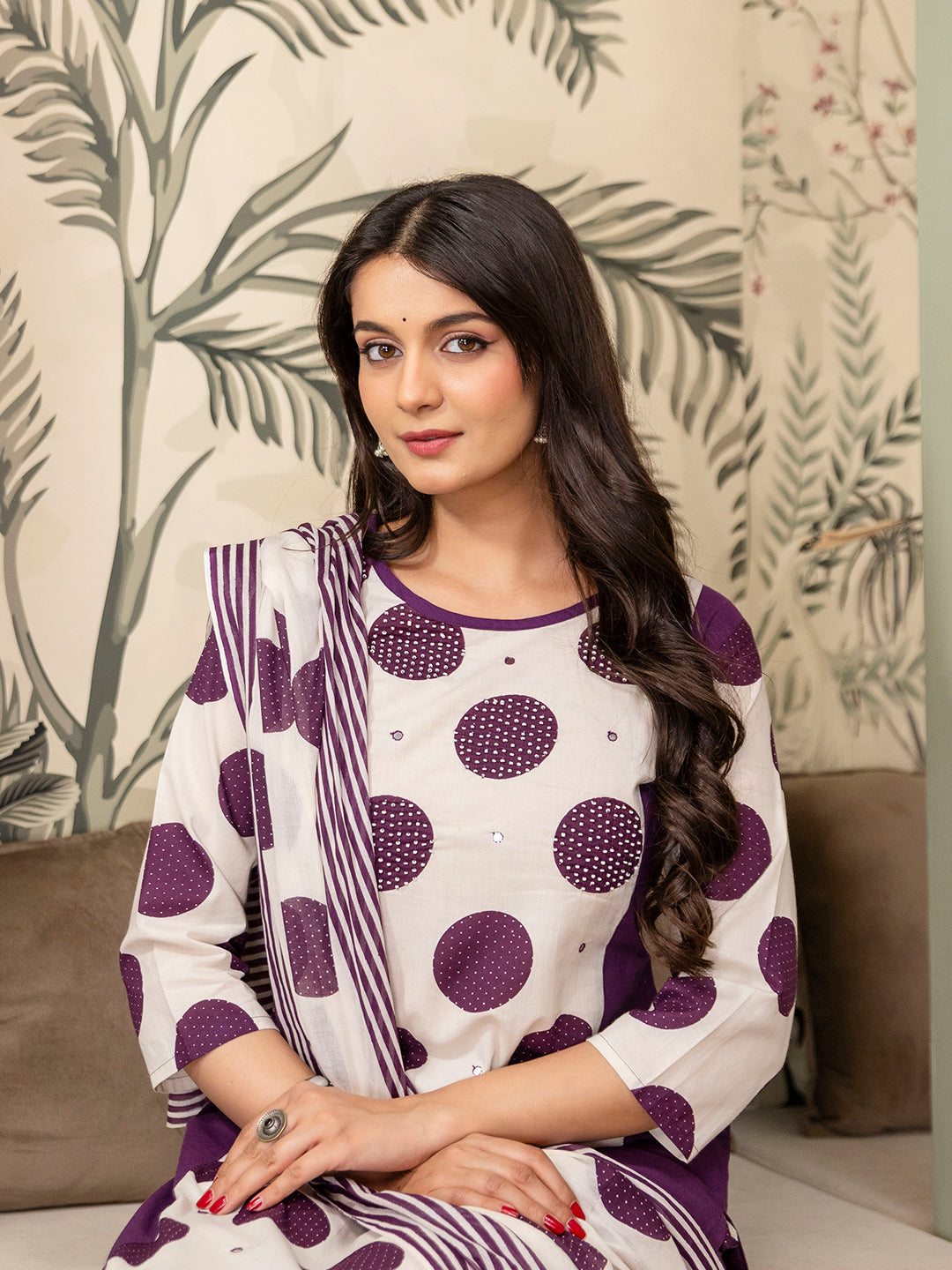 Womens Pure cotton Polka Print Kurta pant dupatta set