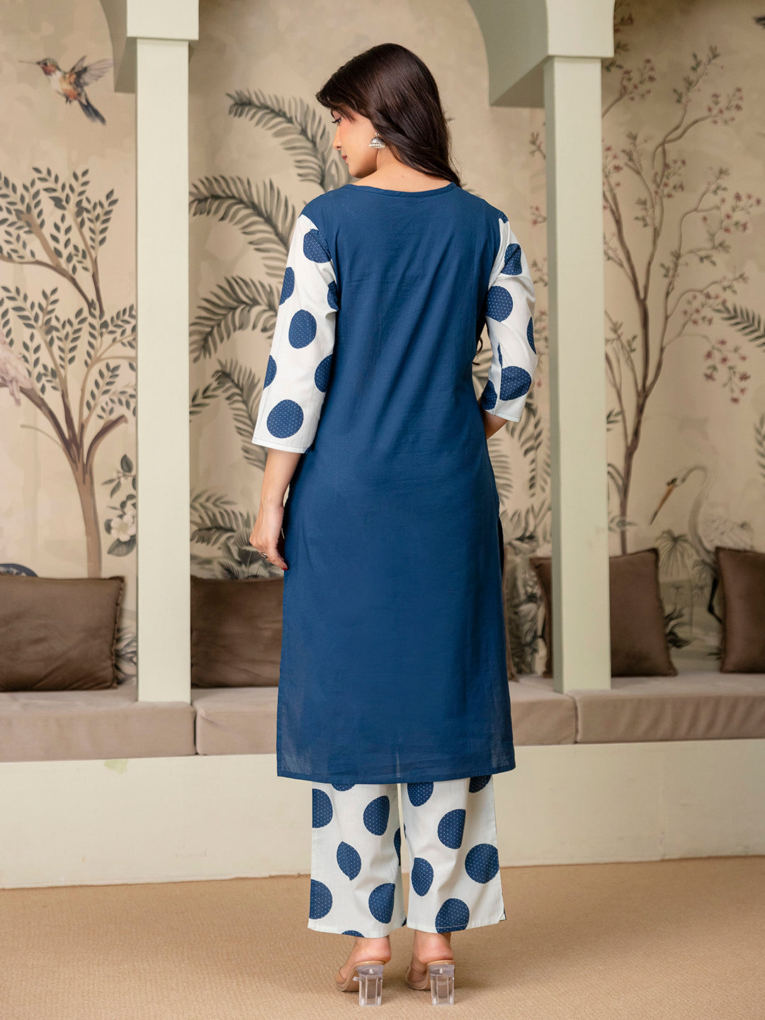 Womens pure cotton polka print Kurta Pant Dupatta set