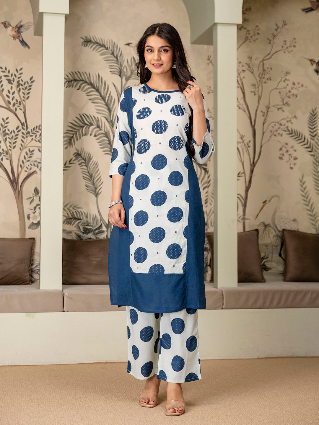 Womens pure cotton polka print Kurta Pant Dupatta set