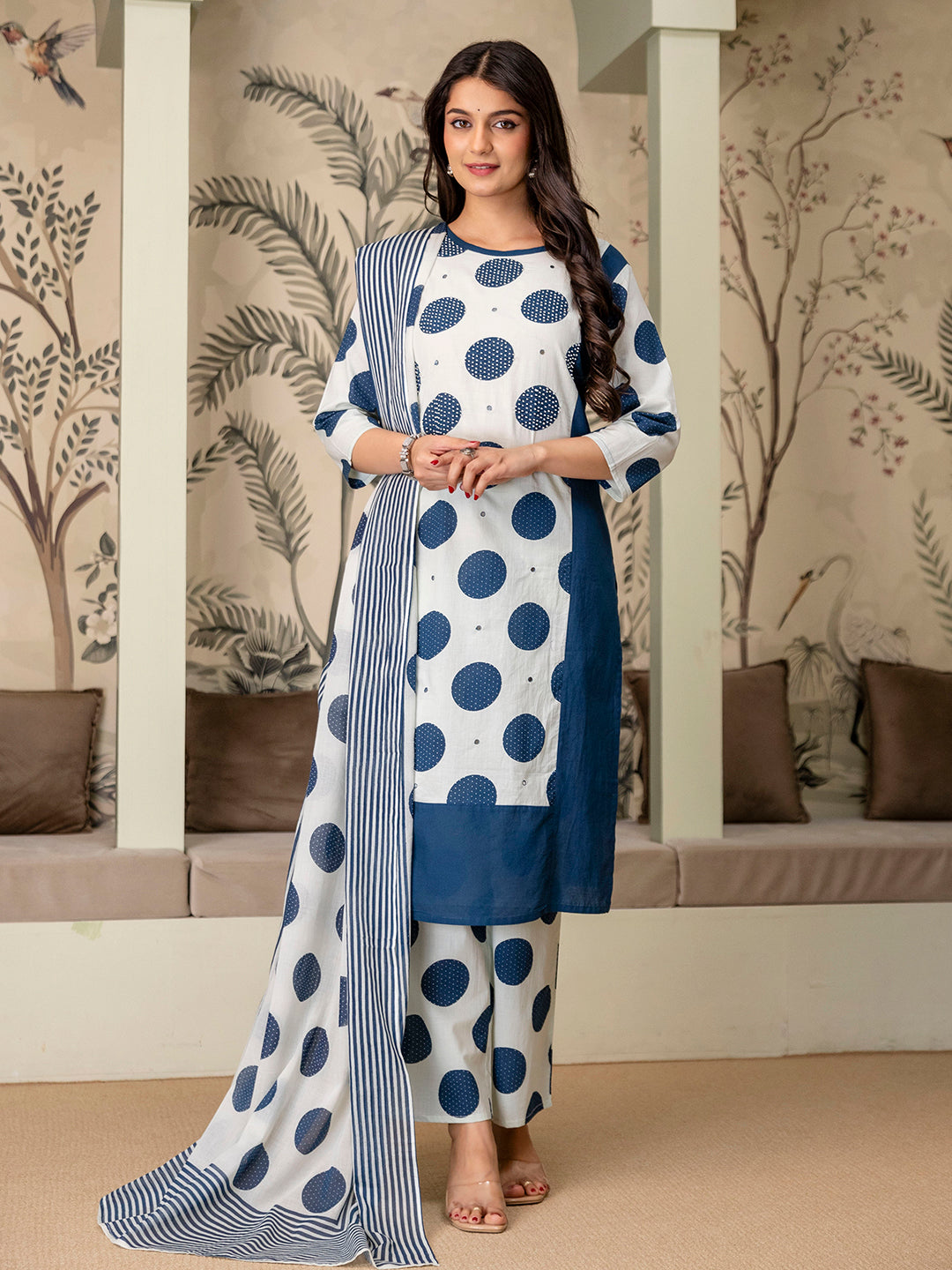Womens pure cotton polka print Kurta Pant Dupatta set