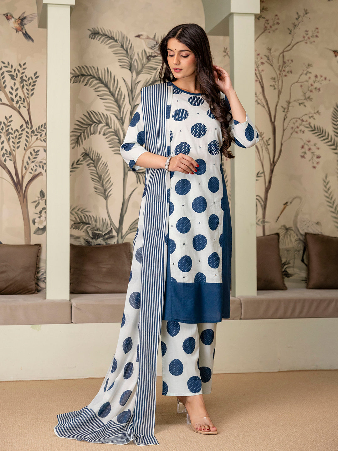 Womens pure cotton polka print Kurta Pant Dupatta set